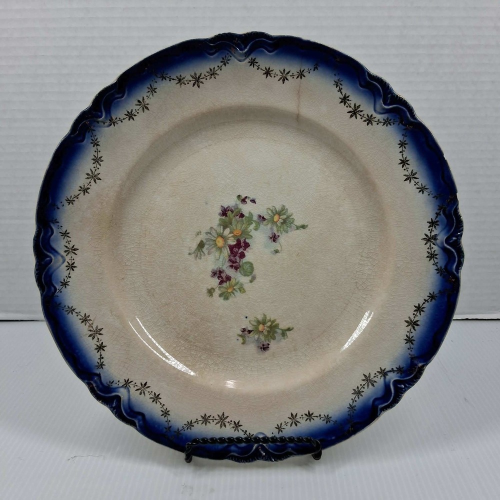 Saxon China Antique Flow Blue Floral Scalloped 10 Inch Dinner Plate Gold Stars
